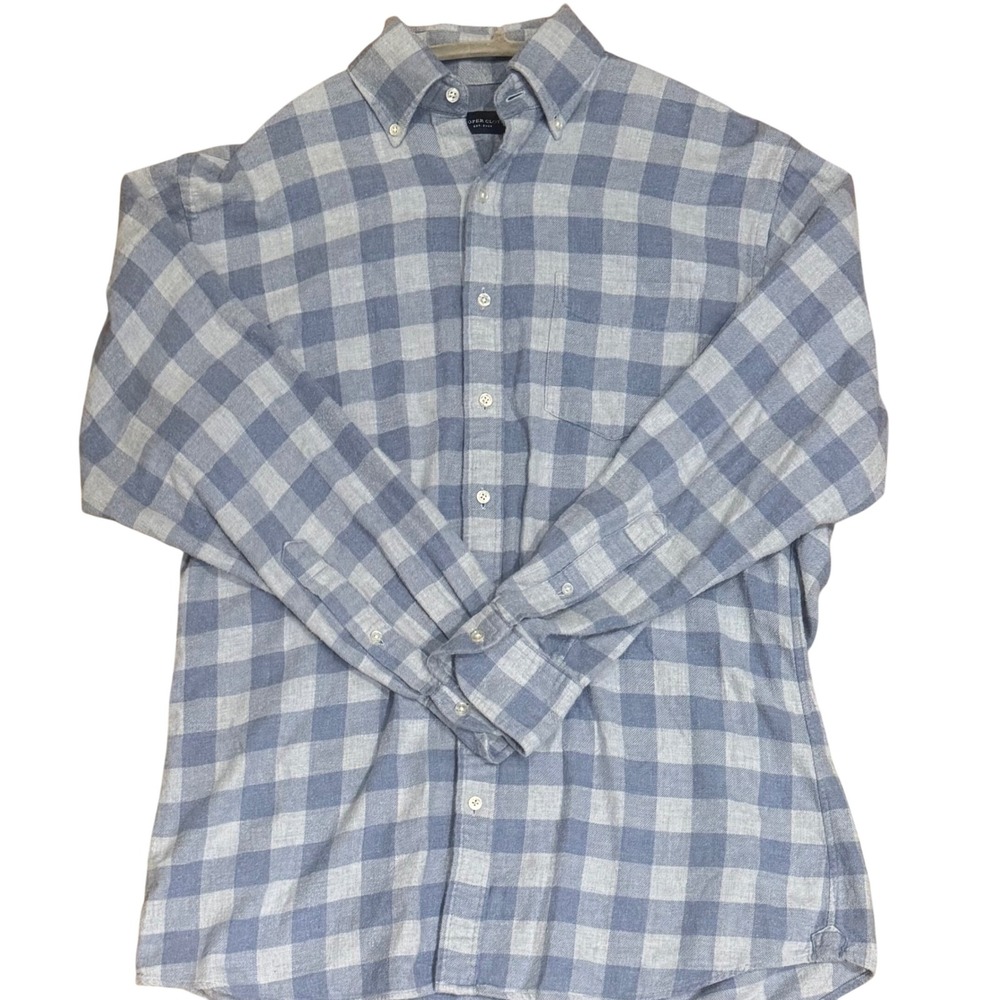 Proper Cloth Buffalo Check Blue Grey Flannel Button Down Shirt Mens Medium